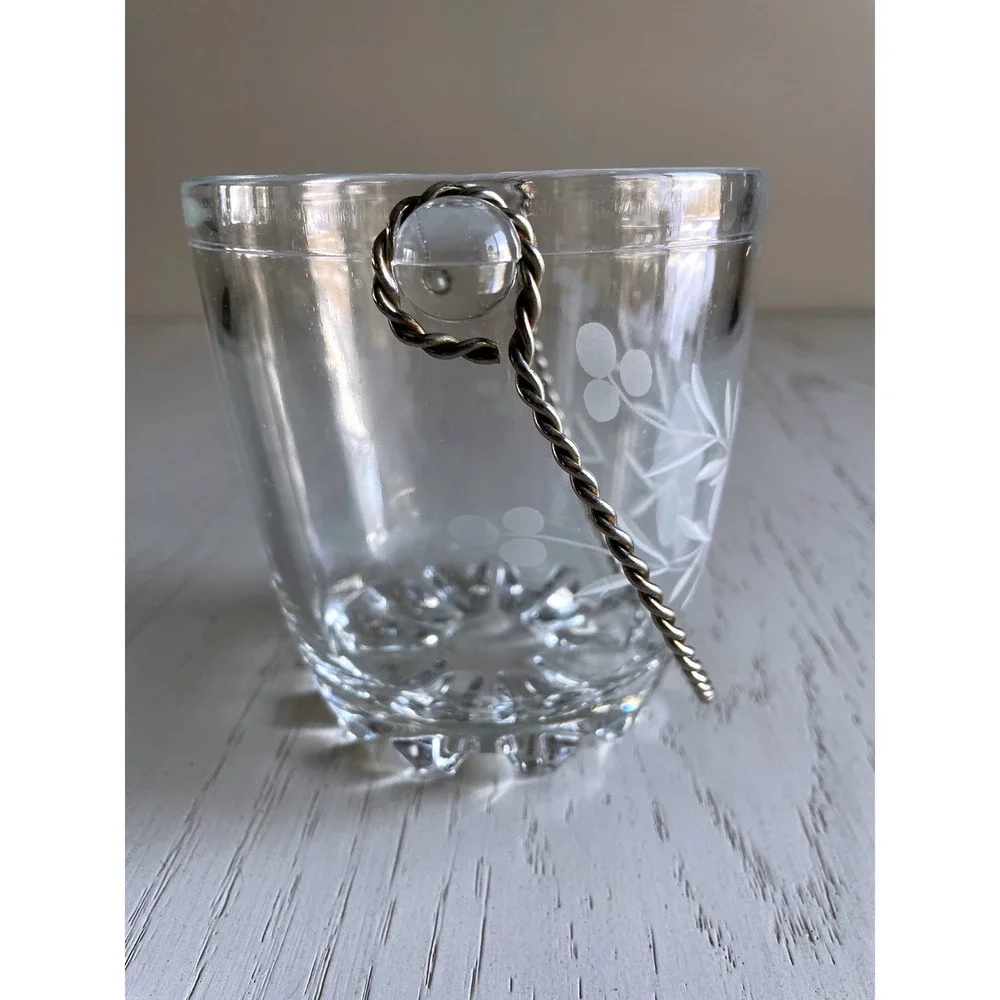 Vintage Midcentury Glass Ice‎ Bucket Etched Floral Design Twisted Metal Handle 5